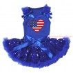 Royal Blue Baby Pettitop & Ruffles & Bows & Patriotic American Heart Print & Royal Blue Bling Sequins Newborn Pettiskirt NG1878